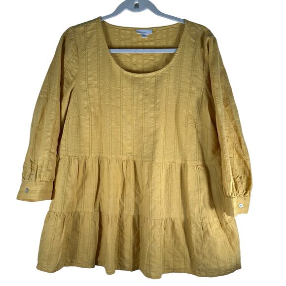 J. Jill Tiered Textured Yellow Peasant Top Womens Medium 100% Cotton - Picture 2 of 11